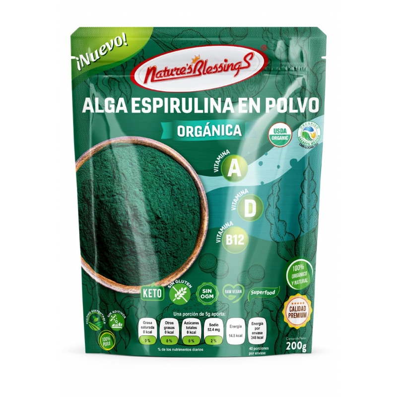 Alga Spirulina Premium Org 200 g (Natures Blessings)