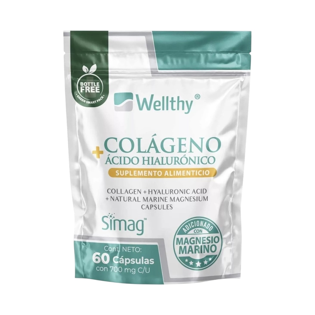Colágeno + Ácido Hialurónico 60caps 700mg c/u (Wellthy)