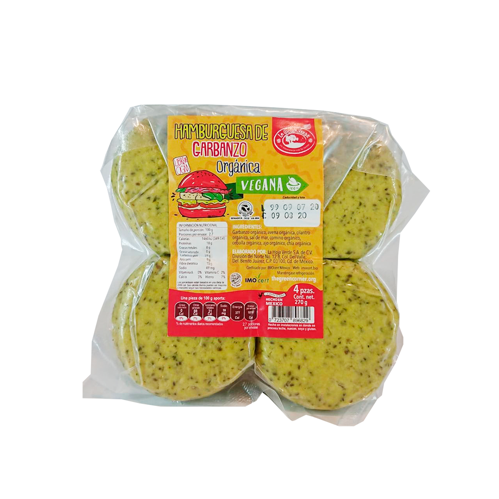 [0723707896829] Hamburguesa de garbanzo 270 g 4 pza (La Cocina Verde)