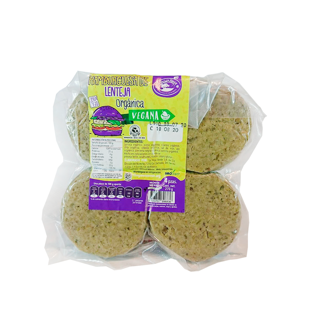Hamburguesas de lenteja 270 g 4 pza org (La Cocina Verde)
