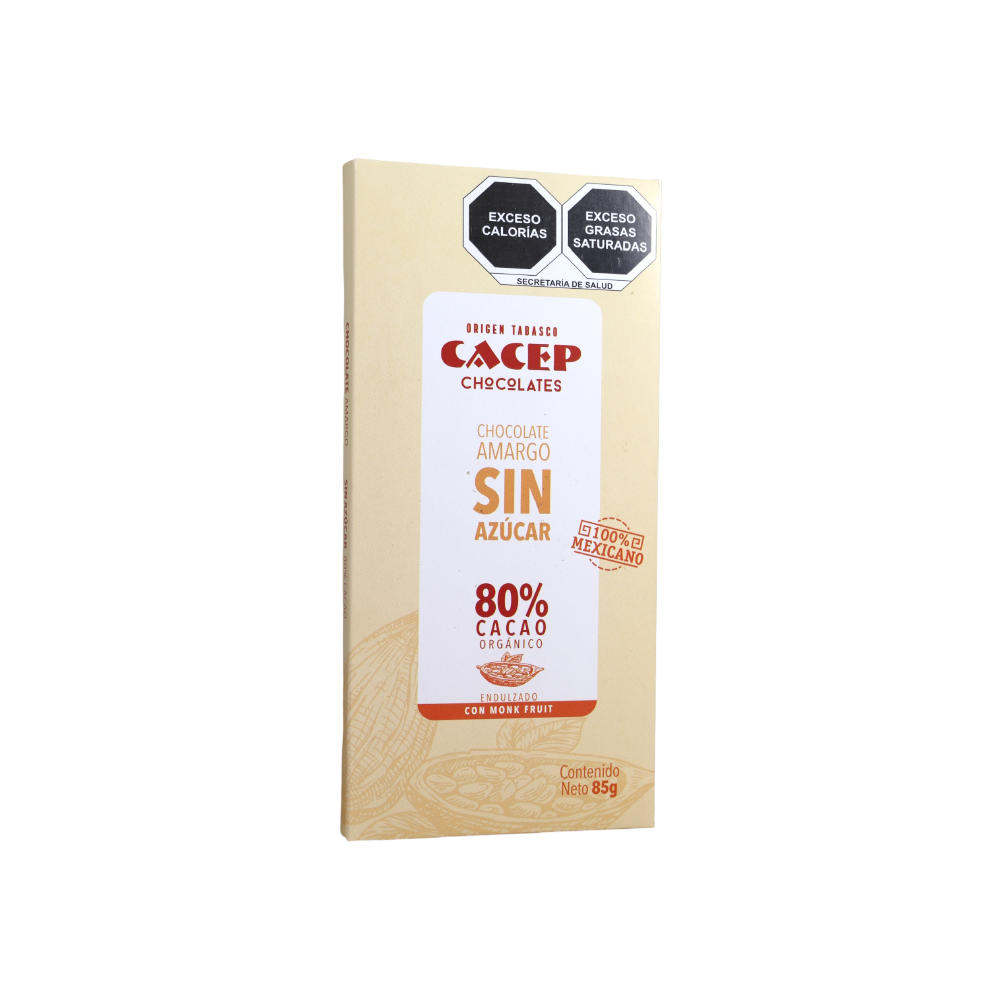 Barra de Chocolate 80% Cacao con Monk Fruit 85 G (Cacep)