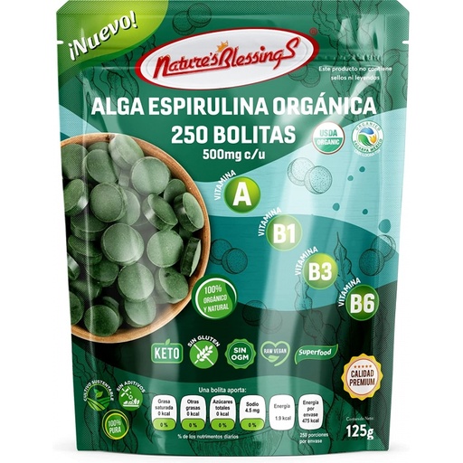 [7503012295813] Alga Spirulina Org 250 Tabs 125g (Natures Blessings)