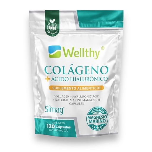 [7503036829513] Colágeno + Ácido Hialurónico 120caps 700mg (Wellthy)
